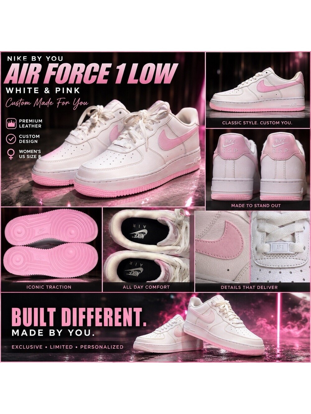 Nike By You Air Force 1 Low White Pink DV3907-900 Women’s 8 Custom Shoes No Box